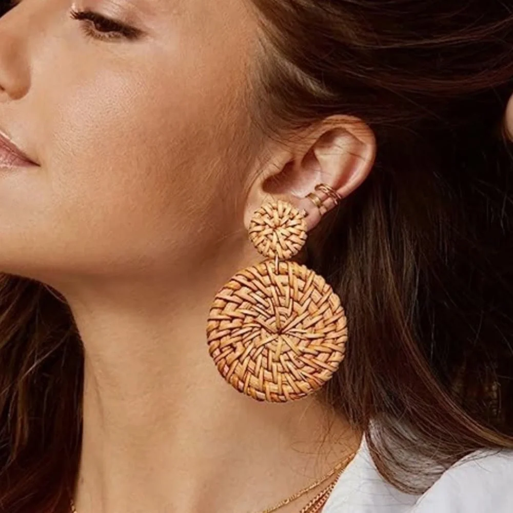 Round Natural Rattan Whicker Bohemian Earrings ER01.4
